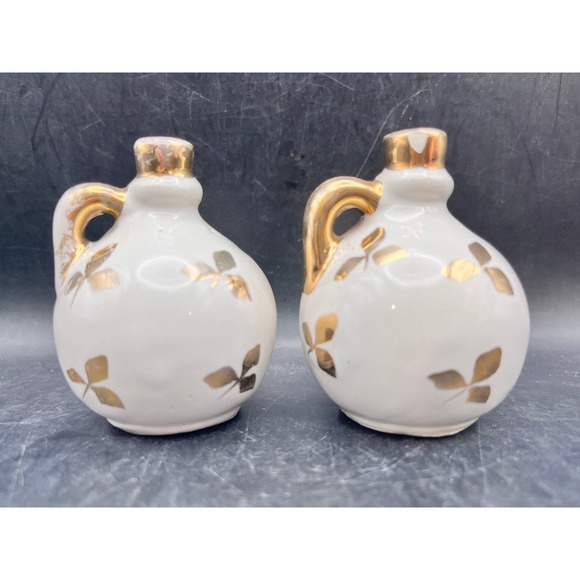 The Unbranded Brand Other - Vintage Ball Jug Salt & Pepper Shakers- White w / Gold Handles and Tops Decor